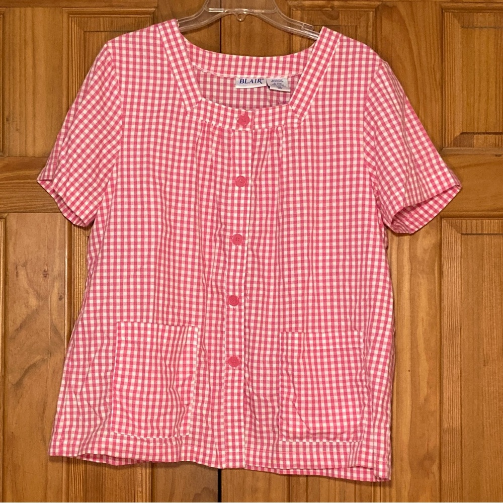 EUC Blair Vintage 90s Top Short Sleeve Blouse Pink White Size L Large